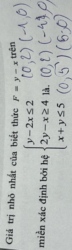 Giá trị nhỏ nhất của biết thức F=y-x trên
miền xác định bởi hệ beginarrayl y-2x≤ 2 2y-x≥ 4 x+y≤ 5endarray. là.