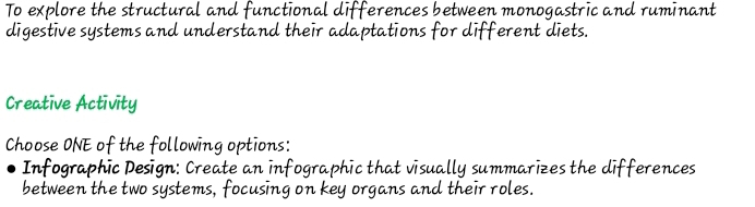 To explore the structural and functional differences between monogastric and ruminant 
digestive systems and understand their adaptations for different diets. 
Creative Activity 
Choose ONE of the following options: 
Infographic Design: Create an infographic that visually summarizes the differences 
between the two systems, focusing on key organs and their roles.