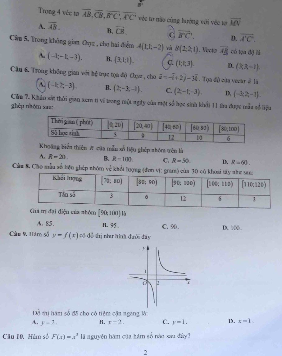 B'
Trong 4 véc tơ vector AB,vector CB,vector B'C,vector A'C' véc tơ nào cùng hướng với véc tơ overline MN
A. overline AB.
B. overline CB.
C overline B'C'.
D. vector A'C'.
Câu 5. Trong không gian Oxyz , cho hai điểm A(1;1;-2) và B(2;2;1). Vectơ vector AB có tọa độ là
A. (-1;-1;-3). B. (3;1;1). C. (1;1;3). D. (3;3;-1).
Câu 6. Trong không gian với hệ trục tọa độ Oxyz , cho vector a=-vector i+2vector j-3vector k. Tọa độ của vectơ # là
A. (-1;2;-3). B. (2;-3;-1). C. (2;-1;-3). D. (-3;2;-1).
Câu 7. Khảo sát thời gian xem ti vi trong một ngày của một số học sinh khổi 11 thu được mẫu số liệu
ghép nhóm sau:
Khoảng biến thiên R của mẫu số liệu ghép nhóm trên là
A. R=20. B. R=100. C. R=50. D. R=60.
Câu 8. Cho mẫu số liệu ghép nhóm về khối lượng (đơn vị: gram) của 30 củ k
Giá trị đại diện của nhóm [90;100) là
A. 85 . B. 95 . C. 90 . D. 100 .
Câu 9. Hàm số y=f(x) có đồ thị như hình dưới đây
Đồ thị hàm số đã cho có tiệm cận ngang là:
A. y=2. B. x=2. C. y=1. D. x=1.
Câu 10. Hàm số F(x)=x^3 là nguyên hàm của hàm số nào sau đây?
2