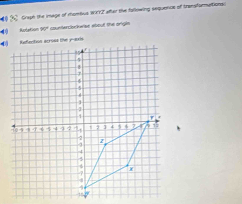 ( ② Graph the image of mombus WXYZ after the following sequence of transformations: 
Rolation 90° counterclockwise about the origin