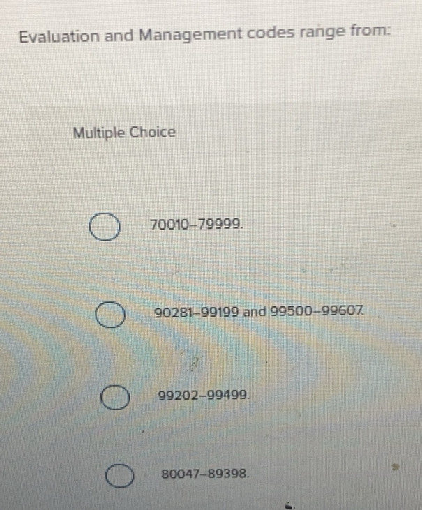 Solved: Evaluation and Management codes range from: Multiple Choice ...