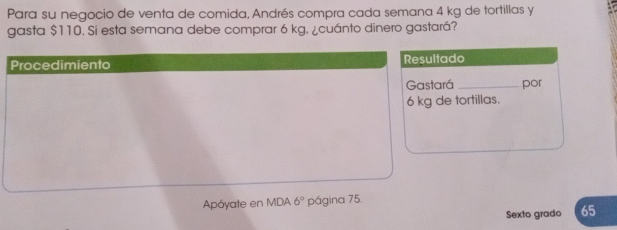 Para su negocio de venta de comida, Andrés compra cada semana 4 kg de tortillas y 
gasta $110. Si esta semana debe comprar 6 kg, ¿cuánto dinero gastará? 
Procedimiento Resultado 
Gastará _por
6 kg de tortillas. 
Apóyate en MDA 6° página 75. 
Sexto grado 65