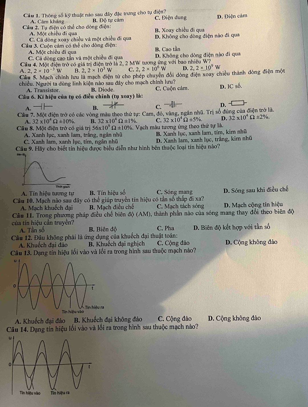 Thông số kỹ thuật nào sau đây đặc trưng cho tụ điện?
A. Cảm kháng B. Độ tự cảm C. Điện dung D. Điện cảm
Câu 2. Tụ điện có thể cho dòng điện:
A. Một chiều đi qua B. Xoay chiều đi qua
C. Cả dòng xoay chiều và một chiều đi qua D. Không cho dòng điện nào đi qua
Câu 3. Cuộn cảm có thể cho dòng điện:
A. Một chiều đi qua B. Cao tần
C. Cả dòng cao tần và một chiều đi qua D. Không cho dòng điện nào đi qua
Câu 4. Một điện trở có giá trị điện trở là 2, 2 MW tương ứng với bao nhiêu W?
A. 2,2* 10^(-3)W B. 2.2* 10^3W C. 2,2* 10^6W D. 2,2* 10^9W
Câu 5. Mạch chỉnh lưu là mạch điện tử cho phép chuyển đổi dòng điện xoay chiều thành dòng điện một
chiều. Người ta dùng linh kiện nào sau đây cho mạch chỉnh lưu?
A. Transistor. B. Diode. C. Cuộn cảm. D. IC số.
Câu 6. Kí hiệu của tụ có điều chỉnh (tụ xoay) là:
D.
A.
B.
C.
Câu 7. Một điện trở có các vòng màu theo thứ tự: Cam, đỏ, vàng, ngân nhũ. Trị số đúng của điện trở là.
A. 32* 10^4Omega ± 10% . B. 32* 10^4Omega ± 1% . C. 32* 10^4Omega ± 5% . D. 32* 10^4Omega ± 2% .
Câu 8. Một điện trở có giá trị 56* 10^9Omega ± 10% 6. Vạch màu tương ứng theo thứ tự là.
A. Xanh lục, xanh lam, trắng, ngân nhũ B. Xanh lục, xanh lam, tím, kim nhũ
C. Xanh lam, xanh lục, tím, ngân nhũ D. Xanh lam, xanh lục, trắng, kim nhũ
Câu 9. Hãy cho biết tín hiệu được biểu diễn như hình bên thuộc loại tín hiệu nào?
A. Tín hiệu tương tự B. Tín hiệu số C. Sóng mang D. Sóng sau khi điều chế
Câu 10. Mạch nào sau đây có thể giúp truyền tín hiệu có tần số thấp đi xa?
A. Mạch khuếch đại B. Mạch điều chế C. Mạch tách sóng D. Mạch cộng tín hiệu
Câu 11. Trong phương pháp điều chế biên độ (AM), thành phần nào của sóng mang thay đổi theo biên độ
của tín hiệu cần truyền?
A. Tần số B. Biên độ C. Pha  D. Biên độ kết hợp với tần số
Câu 12. Đâu không phải là ứng dụng của khuếch đại thuật toán:
A. Khuếch đại đảo  B. Khuếch đại nghịch C. Cộng đảo D. Cộng không đảo
Câu 13. Dạng tín hiệu lối vào và lối ra trong hình sau thuộc mạch nào?
A. Khuếch đại đảo  B. Khuếch đại không đảo C. Cộng đảo D. Cộng không đảo
Câu 14. Dạng tín hiệu lối vào và lối ra trong hình sau thuộc mạch nào?