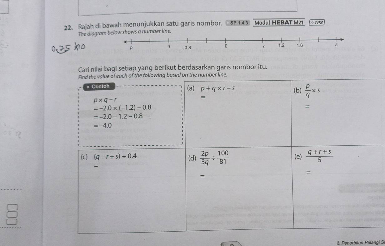 Rajah di bawah menunjukkan satu garis nombor. SP 1.4.3 Modul HEBAT M21 > TP2
The diagram shows a number line.
0.25 
Cari nilai bagi setiap yang berikut berdasarkan garis nombor itu.
ber line
© Penerbitan Pelangi S