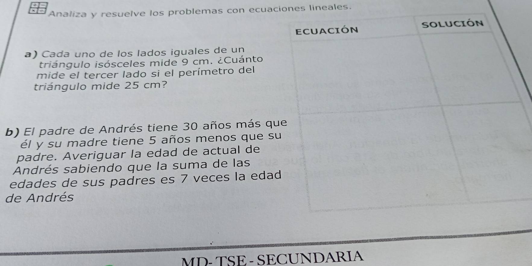 Analiza y resuelve los problemas con ecuaciones lineales. 
a) Cada uno de los lados iguales de un 
triángulo isósceles mide 9 cm. ¿Cuánto 
mide el tercer lado si el perímetro del 
triángulo mide 25 cm? 
b) El padre de Andrés tiene 30 años más qu 
él y su madre tiene 5 años menos que su 
padre. Averiguar la edad de actual de 
Andrés sabiendo que la suma de las 
edades de sus padres es 7 veces la edad 
de Andrés 
MD- TSE - SECUNDARIA