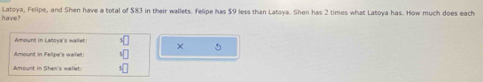 Latoya, Felipe, and Shen have a total of $83 in their wallets. Felipe has $9 less than Latoya. Shen has 2 times what Latoya has. How much does each 
have? 
Amount in Latova's wallet: s□ × 5
Amount in Felipe's wallet: 3□
Amount in Shen's wallet: