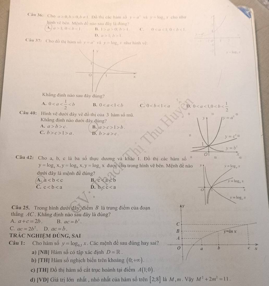 Cho a>0,b>0,b!= 1 Đồ thị các hàm số y=a^x và y=log _bx cho như
hình vẽ bên. Mệnh để nào sau đây là đùng?
A. a>1;0 B. 1>a>0;b>1, C. 0
D. a>1;b>1.
Câu 37: Cho đỗ thị hàm số y=a^x và y=log _bx như hình vẽ: 
Khẳng định nào sau đây đúng?
A. 0 B. 0 C. 0 D. 0
Câu 40: Hình vẽ dưới đây vẽ đồ thị của 3 hàm số mũ. 
Khẳng định nào dưới đây đúng?
A. a>b>c. B. a>c>1>b.
C. b>c>1>a. D. b>a>c.
Câu 42: Cho a, b, c là ba số thực dương và khác 1. Đồ thị các hàm
y=log _ax,y=log _bx,y=log _cx được chọ trong hình vẽ bên. Mệnh đề n
dưới đây là mệnh đề đúng?
A. a B. c
C. c D. b
。
Câu 25. Trong hình dưới đây, điểm B là trung điểm của đoạn
thắng AC . Khẳng định nào sau đây là đúng?
A. a+c=2b. B. ac=b^2.
C. ac=2b^2. D. ac=b.
trÁC ngHIệm đÚng, sai
Câu 1: Cho hàm số y=log _0.5x. Các mệnh đề sau đúng hay sai?
a) [NB] Hàm số có tập xác định D=R.
b) [TH] Hàm số nghịch biến trên khoáảng (0;+∈fty ).
c) [TH] Đồ thị hàm số cắt trục hoành tại điểm A(1;0).
d) [VD] Giá trị lớn nhất , nhỏ nhất của hàm số trên [2;8] là M , m. Vậy M^2+2m^2=11.