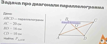 Задача πро диагонали πараллелограмма 
Дано:
ABCD- параллелограмм
AC=20cm
BD=16cm
CD=10cm
Найτи: P_△ AOB