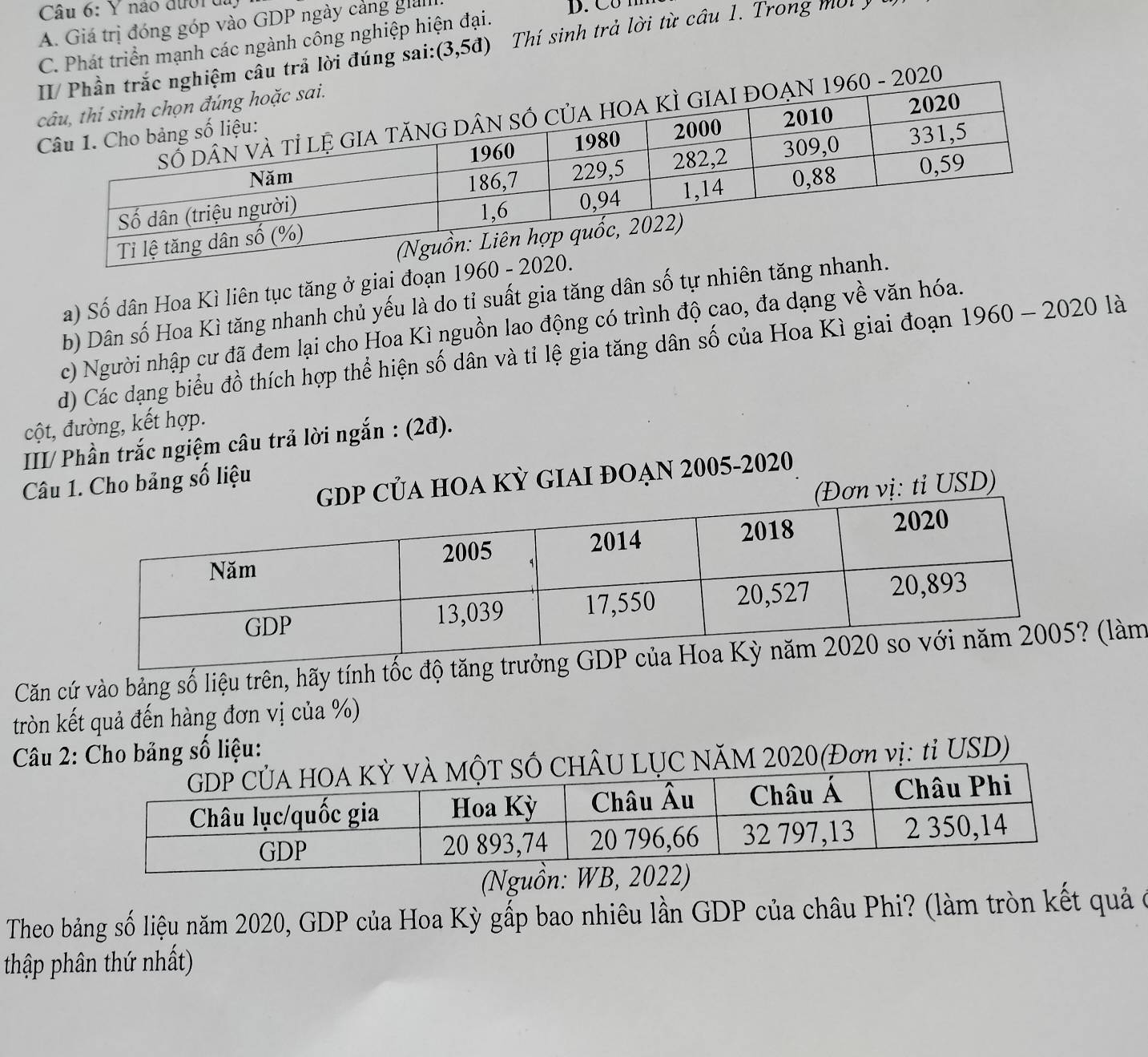 nào đườiu
A. Giá trị đóng góp vào GDP ngày cảng giảii
C. Phát triển mạnh các ngành công nghiệp hiện đại.
hiệm cầu trả lời đúng sai: (3,5d) Thí sinh trả lời từ câu 1. Trong mời  
- 2020
a) Số dân Hoa Kì liên tục tăng ở giai đoạn
b) Dân số Hoa Kì tăng nhanh chủ yếu là do tỉ suất gia tăng dân số tự nhiên
c) Người nhập cư đã đem lại cho Hoa Kì nguồn lao động có trình độ cao, đa dạng về văn hóa.
d) Các dạng biểu đồ thích hợp thể hiện số dân và tỉ lệ gia tăng dân số của Hoa Kì giai đoạn 1960-2020la
cột, đường, kết hợp.
III/ Phần trắc ngiệm câu trả lời ngắn : (2đ).
Câu1. Cho bảng số liệu
A HOA KỲ GIAI ĐOẠN 2005-2020
vị: tỉ USD)
Căn cứ vào bảng số liệu trên, hãy tính tốc độ  (làm
tròn kết quả đến hàng đơn vị của %)
Câu 2: Cho bảng số liệu:
NăM 2020(Đơn vị: tỉ USD)
(Nguồn: WB, 2022)
Theo bảng số liệu năm 2020, GDP của Hoa Kỳ gấp bao nhiêu lần GDP của châu Phi? (làm tròn kết quả ở
thập phân thứ nhất)