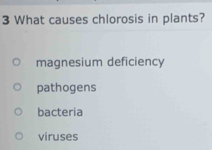 What causes chlorosis in plants?
magnesium deficiency
pathogens
bacteria
viruses