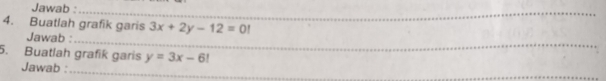 Jawab :
_
_
_
4. Buatlah grafik garis 3x+2y-12=0!
_
_
Jawab :
_
5. Buatlah grafik garis y=3x-6!
_
Jawab :_