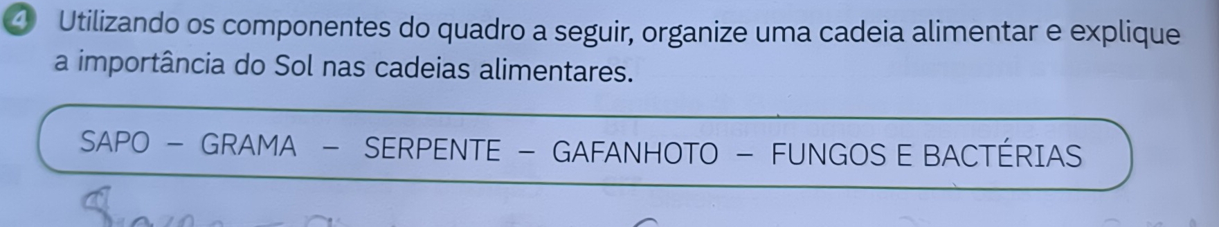 Utilizando os componentes do quadro a seguir, organize uma cadeia alimentar e explique 
a importância do Sol nas cadeias alimentares. 
SAPO - GRAMA - SERPENTE - GAFANHOTO - FUNGOS E BACTÉRIAS