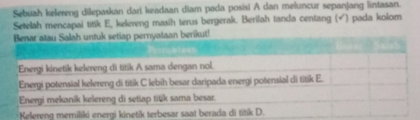 Sebuah kelereng dilepaskan dari keadaan diam pada posisi A dan meluncur sepanjang lintasan.
Setelah mencapai titik E, kelereng masih terus bergerak. Berilah tanda centang (√) pada kolom
Benar atau Salah untuk setiap pernyataan berikut!
Energi kinetik kelereng di titik A sama dengan nol.
Energi potensial kelereng di titik C lebih besar daripada energi potensial di titik E.
Energi mekanik kelereng di setiap titik sama besar.
Kelereng memiliki energi kinetik terbesar saat berada di titik D.