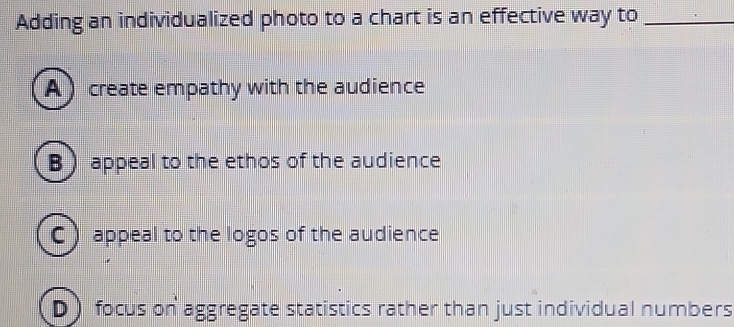 Adding an individualized photo to a chart is an effective way to_
A ) create empathy with the audience
B ) appeal to the ethos of the audience
C ) appeal to the logos of the audience
D) focus on aggregate statistics rather than just individual numbers