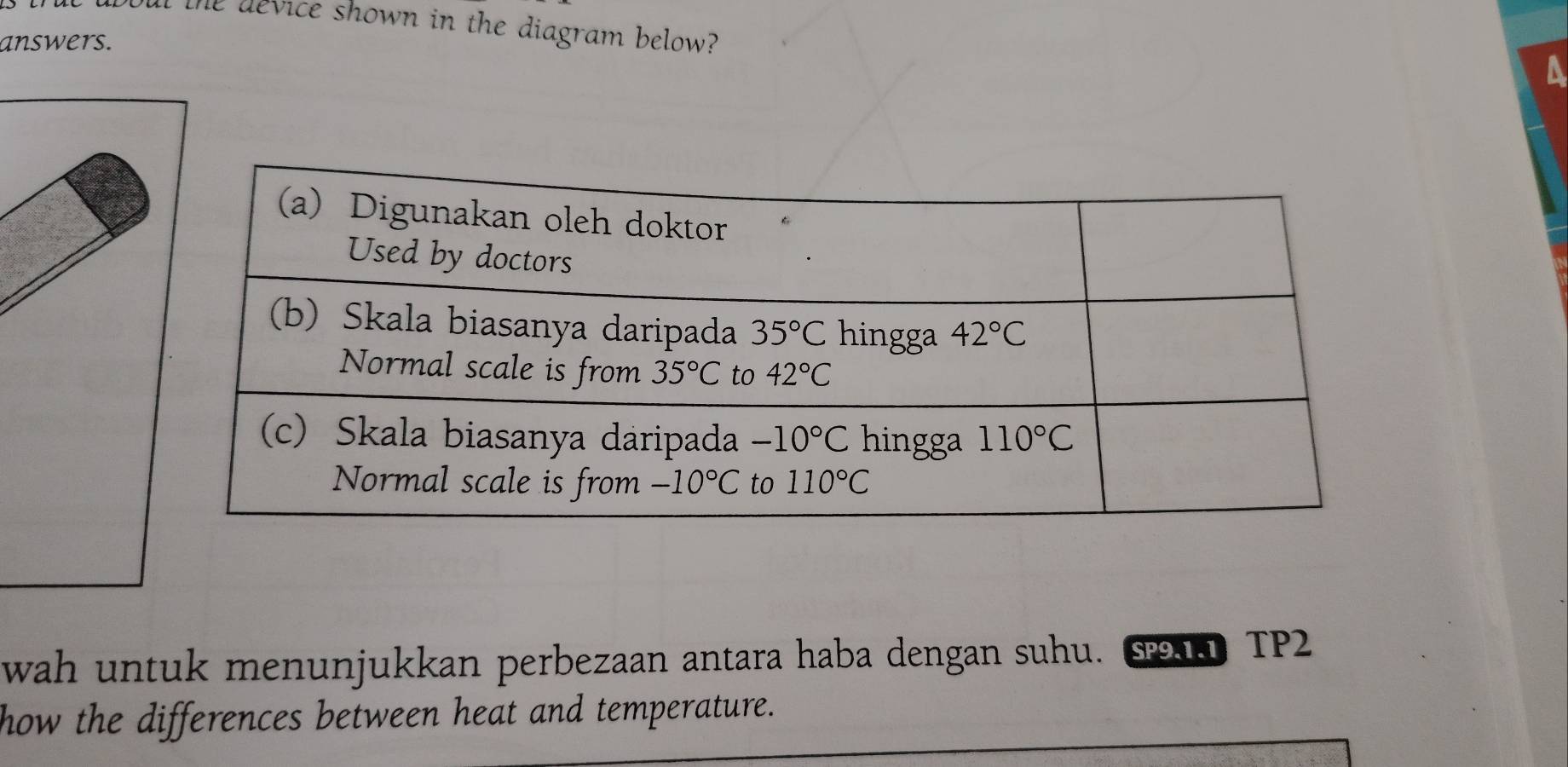 out the device shown in the diagram below?
answers.
A
wah untuk menunjukkan perbezaan antara haba dengan suhu. SMH TP2
how the differences between heat and temperature.