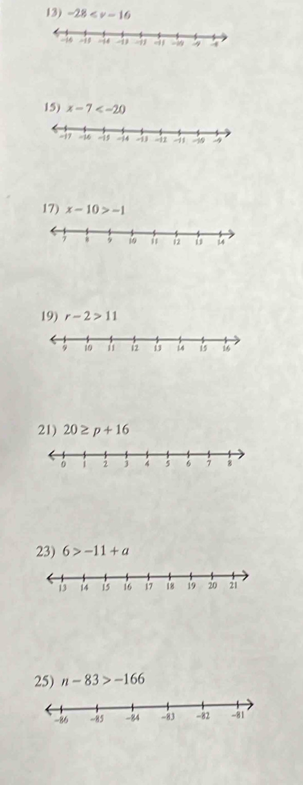 -28
15) x-7
17) x-10>-1
19) r-2>11
21) 20≥ p+16
23) 6>-11+a
25) n-83>-166