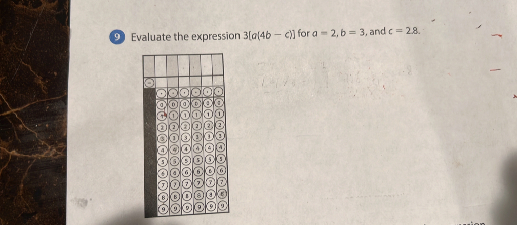 9Evaluate the expression 3[a(4b-c)] for a=2, b=3 , and c=2.8.