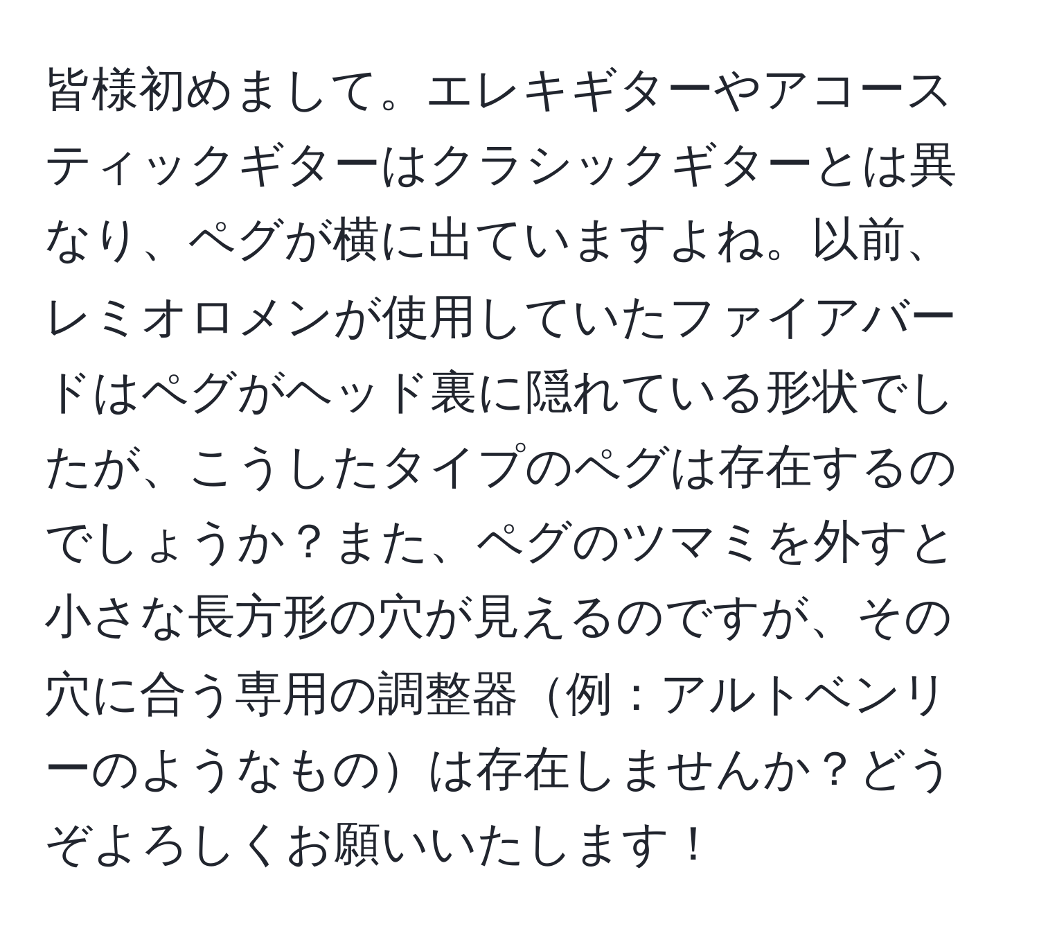 皆様初めまして。エレキギターやアコースティックギターはクラシックギターとは異なり、ペグが横に出ていますよね。以前、レミオロメンが使用していたファイアバードはペグがヘッド裏に隠れている形状でしたが、こうしたタイプのペグは存在するのでしょうか？また、ペグのツマミを外すと小さな長方形の穴が見えるのですが、その穴に合う専用の調整器例：アルトベンリーのようなものは存在しませんか？どうぞよろしくお願いいたします！