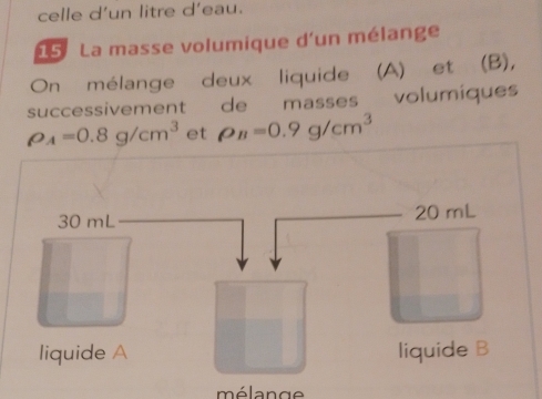 celle d’un litre d’eau.
15 La masse volumique d'un mélange
On mélange deux liquide (A) et (B),
successivement de masses volumiques
rho _A=0.8g/cm^3 et rho _B=0.9g/cm^3
30 mL 20 mL
liquide A liquide B
mélange