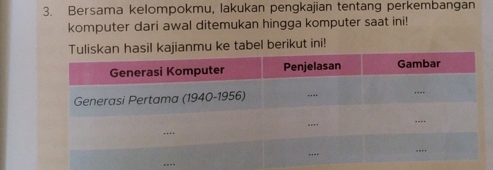 Bersama kelompokmu, lakukan pengkajian tentang perkembangan 
komputer dari awal ditemukan hingga komputer saat ini! 
Tuliskan hasil kajianmu ke tabel berikut ini! 
_