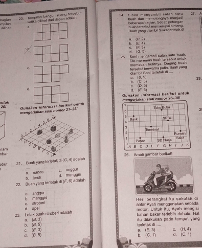 Siska mengambill salah satu 27. A
20. Tampilan bangun ruơng tersebut ketika dilihat dari depan ada ah ....
buah dan memolongnya menjed .
Itulgian mpilan a.
dilhat beberaça bagan. Setlap polongan buah tersebut monyerpai bintang.
Buah yang diambii Siaka terletak oi
a. (0,2)
b. (E,4)
b
c. (F,3)
d. (G,5)
25. Soni mengambii saish satu buah.
Dia meremas buah tersebut untuk
C memecah kulitnya. Daging buah
diambii Soni teretak di .... tersebut berwarna putin. Buah yang
a. (8,5) 28.
b. (C,5)
G (D,5)
d.
d. (E,5)
mtuk  Gunakan informasi berikut untuk
201 Gunakan informasi berikut untuk mengerjakan soal nomor 26-30!
7
mengerjakan soal nomor 21-25) 5 Tako Biuku 21
5
Blank SPBU
4
3 Terminal
2 Rumah
Pasar SD Nusa Bakn
A B C D E F G H   KC
nbar nam
abut 21. Buah yang terletak di (6,4) adal ain 25. Amati gambar berikut!
. c. anggur
a. nanas
22. Buah yang teretak di b. jeruk d. manggis
(F,6) adalah
a. anggur
Heri berangkat ke sekolah di
b. manggis c. stroberi
antar Ayah menggunakan sepeda
motor. Untuk itu, Ayah mengisi
,,,.
23. Letak buah stroberi adalah d. apel bahan bakar terlebiḥ dahulu. Hal
a. (B,3)
b. (B,5) terletak di .... itu dilakukan pada tempat yang .
c. (E,3) a. (E,3) c. (H,4)
d. (8,5) b. (C,1) d. (C,1)