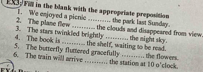 EX3: Fill in the blank with the appropriate preposition 
1. We enjoyed a picnic ... the park last Sunday. 
2. The plane flew …… the clouds and disappeared from view. 
3. The stars twinkled brightly ...... the night sky. 
4. The book is …… the shelf, waiting to be read. 
5. The butterfly fluttered gracefully ……. the flowers. 
6. The train will arrive …...... .. the station at 10 o’clock. 
FY