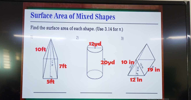 Surface Area of Mixed Shapes
Find the surface area of each shape. (Use 3.14 for π.)
2)
3)
 
__
_
dows