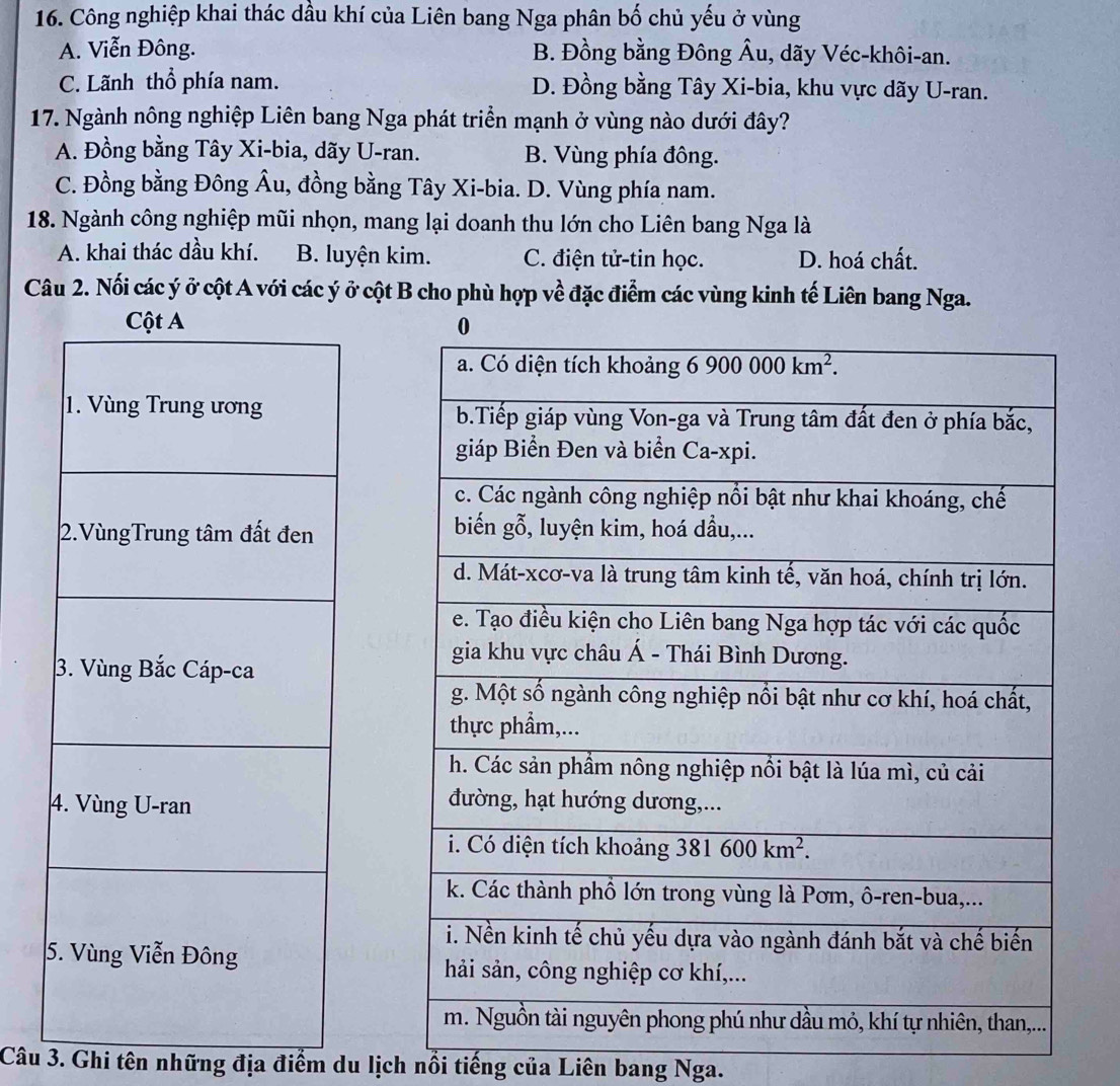 Công nghiệp khai thác dầu khí của Liên bang Nga phân bố chủ yếu ở vùng
A. Viễn Đông. B. Đồng bằng Đông Âu, dãy Véc-khôi-an.
C. Lãnh thổ phía nam. D. Đồng bằng Tây Xi-bia, khu vực dãy U-ran.
17. Ngành nông nghiệp Liên bang Nga phát triển mạnh ở vùng nào dưới đây?
A. Đồng bằng Tây Xi-bia, dãy U-ran. B. Vùng phía đông.
C. Đồng bằng Đông Âu, đồng bằng Tây Xi-bia. D. Vùng phía nam.
18. Ngành công nghiệp mũi nhọn, mang lại doanh thu lớn cho Liên bang Nga là
A. khai thác dầu khí. B. luyện kim. C. điện tử-tin học. D. hoá chất.
Câu 2. Nối các ý ở cột A với các ý ở cột B cho phù hợp về đặc điểm các vùng kinh tế Liên bang Nga.
 
 
Câu 3. Ghi tên những địa điểm du lịch nổi tiếng của Liên bang Nga.