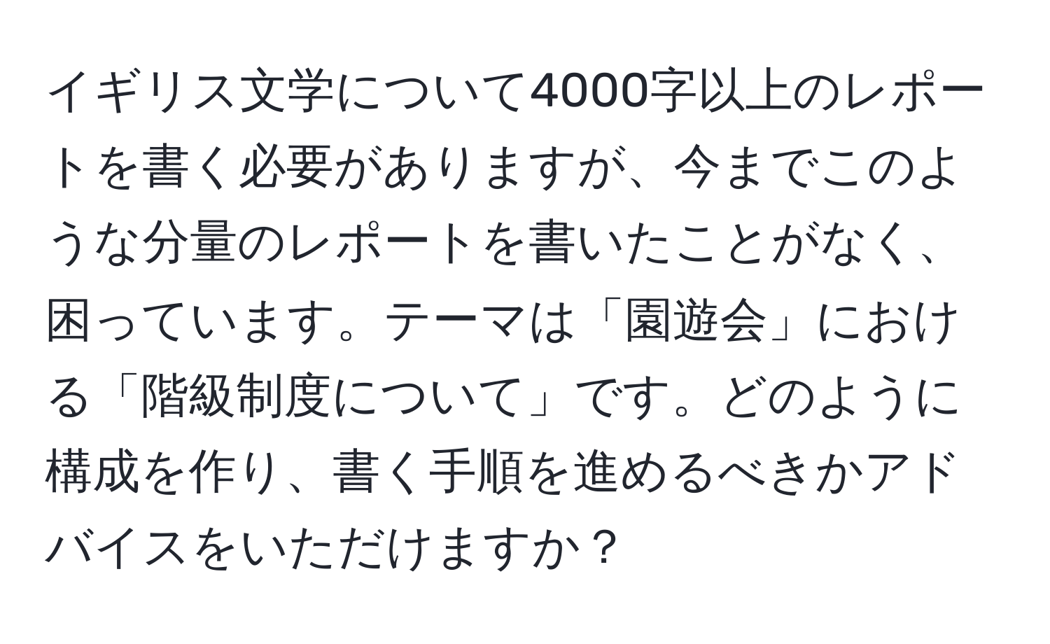 イギリス文学について4000字以上のレポートを書く必要がありますが、今までこのような分量のレポートを書いたことがなく、困っています。テーマは「園遊会」における「階級制度について」です。どのように構成を作り、書く手順を進めるべきかアドバイスをいただけますか？