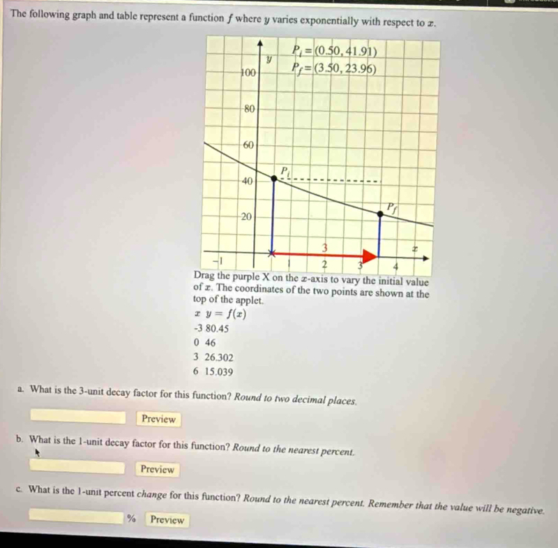 The following graph and table represent a function f where y varies exponentially with respect to £.
y the initial value
of x. The coordinates of the two points are shown at the
top of the applet.
xy=f(x)
-3 80.45
0 46
3 26.302
6 15.039
a. What is the 3-unit decay factor for this function? Round to two decimal places.
Preview
b. What is the 1-unit decay factor for this function? Round to the nearest percent.
Preview
c. What is the 1-unit percent change for this function? Round to the nearest percent. Remember that the value will be negative.
% Preview