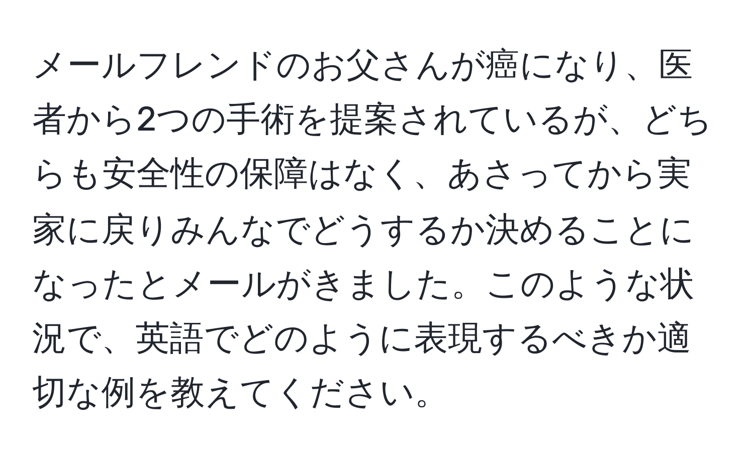 メールフレンドのお父さんが癌になり、医者から2つの手術を提案されているが、どちらも安全性の保障はなく、あさってから実家に戻りみんなでどうするか決めることになったとメールがきました。このような状況で、英語でどのように表現するべきか適切な例を教えてください。