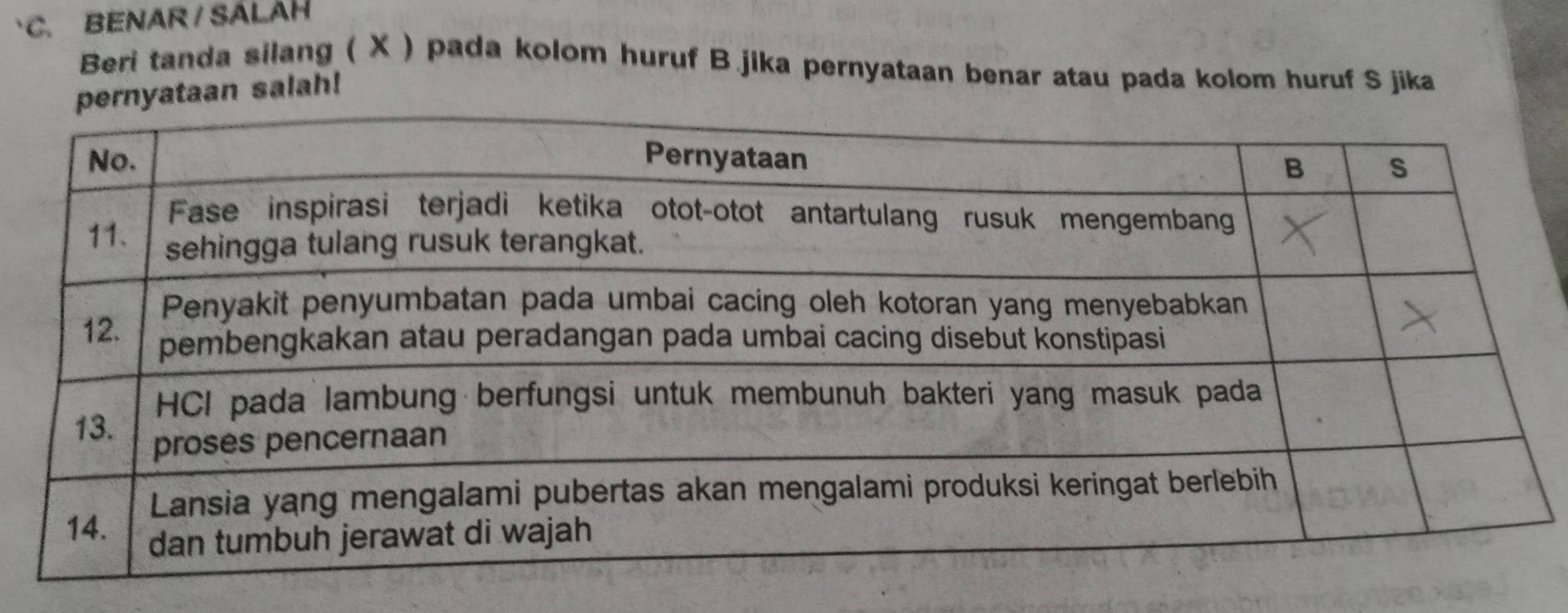 BENAR / SÁLAH 
Beri tanda silang ( X ) pada kolom huruf B jika pernyataan benar atau pada kolom huruf S jika 
salah!