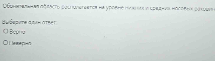 Οбонятельная область раслолагается на уровне нихних и средних носовыίх раховин
βε|беρиτе οдиΗ оτΒеT
〇 Bерно
Hеверно