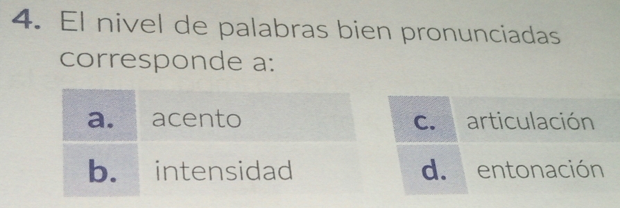 El nivel de palabras bien pronunciadas
corresponde a:
a. acento c. articulación
b. intensidad d. entonación