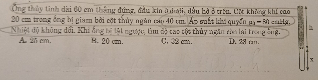 Ông thủy tinh dài 60 cm thẳng đứng, đầu kín ở dưới, đầu hở ở trên. Cột không khí cao
20 cm trong ống bị giam bởi cột thủy ngân cao 40 cm. Áp suất khí quyển p_0=80 )cmHg
Nhiệt độ không đổi. Khi ống bị lật ngược, tìm độ cao cột thủy ngân còn lại trong ống. h
A. 25 cm. B. 20 cm. C. 32 cm. D. 23 cm.
x