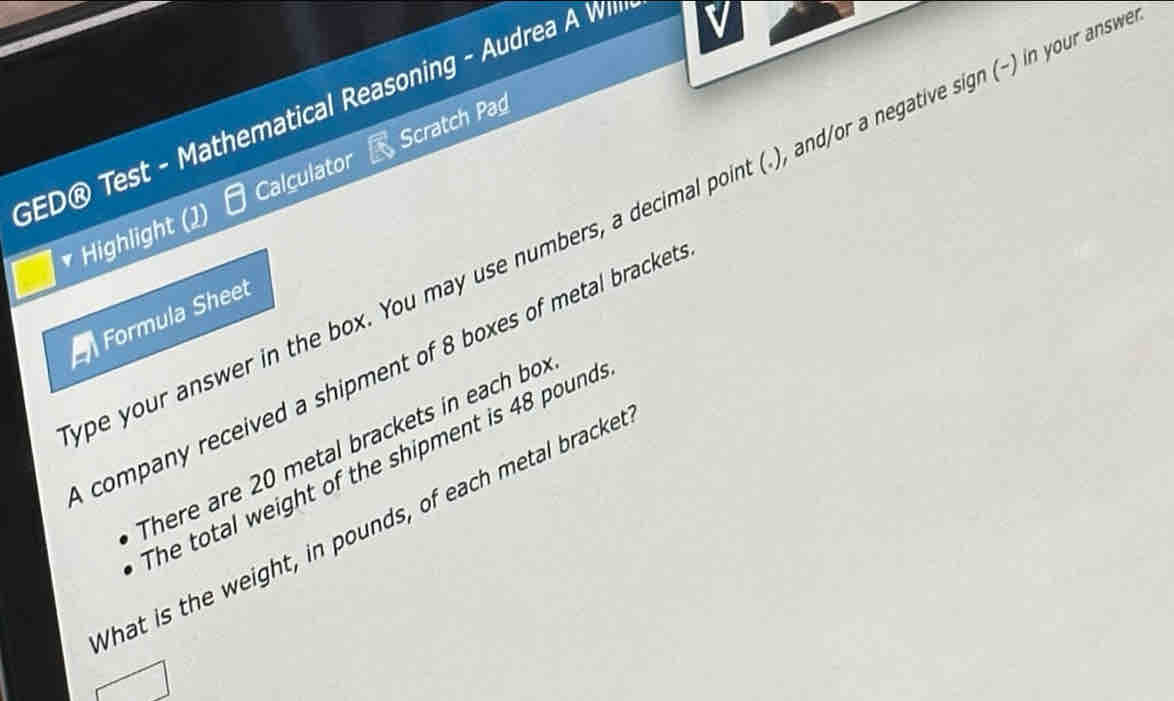 Solved: GED® Test - Mathematical Reasoning - Audrea A Wl * Highlight ...