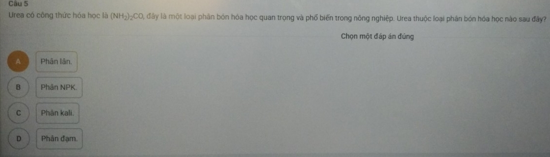 Urea có công thức hóa học là (NH_2)_2CO, ddy là một loại phân bón hóa học quan trọng và phố biến trong nông nghiệp. Urea thuộc loại phân bón hóa học nào sau đây?
Chọn một đáp án đúng
A Phân lân.
B Phân NPK.
C Phân kali.
D Phân đạm.