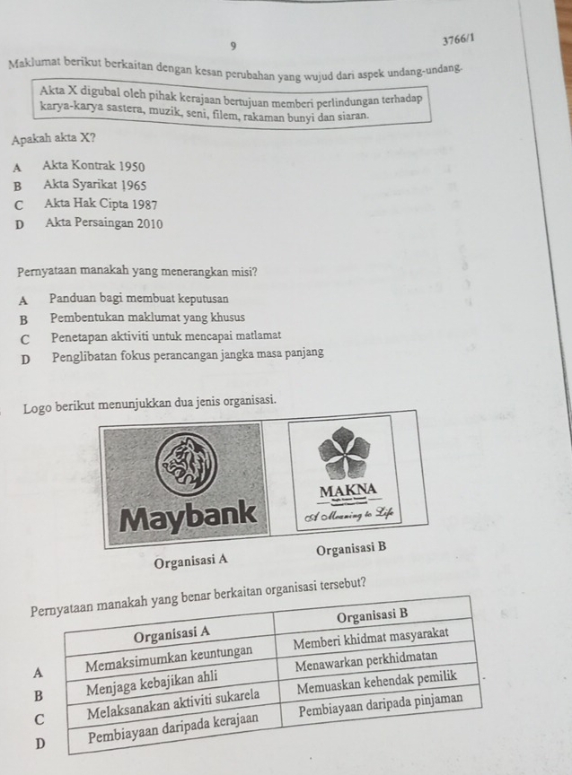 9
3766/1
Maklumat berikut berkaitan dengan kesan perubahan yang wujud dari aspek undang-undang.
Akta X digubal oleh pihak kerajaan bertujuan memberi perlindungan terhadap
karya-karya sastera, muzik, seni, filem, rakaman bunyi dan siaran.
Apakah akta X?
A Akta Kontrak 1950
B Akta Syarikat 1965
C Akta Hak Cipta 1987
D Akta Persaingan 2010
Pernyataan manakah yang menerangkan misi?
A Panduan bagi membuat keputusan
B Pembentukan maklumat yang khusus
C Penetapan aktiviti untuk mencapai matlamat
D Penglibatan fokus perancangan jangka masa panjang
Logo berikut menunjukkan dua jenis organisasi.
MAKNA
Maybank A Meaning to Life
Organisasi A Organisasi B
ganisasi tersebut?