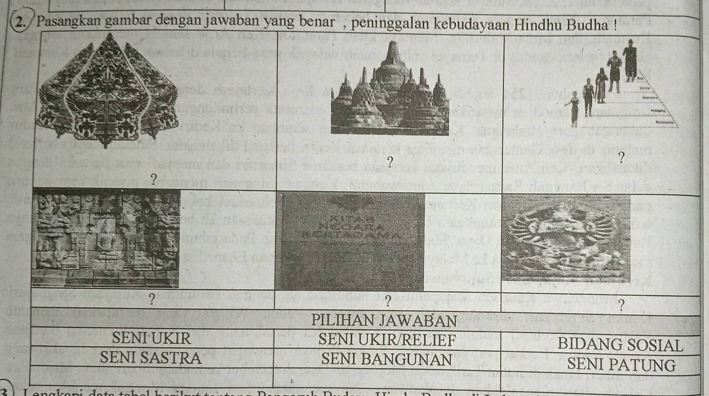 Pasangkan gambar dengan jawaban yang benar , peninggalan kebudayaan Hindhu Budha !
?
?
?
?
?
?
PILIHAN JAWABAN
SENI UKIR SENI UKIR/RELIEF BIDANG SOSIAL
SENI SASTRA SENI BANGUNAN SENI PATUNG