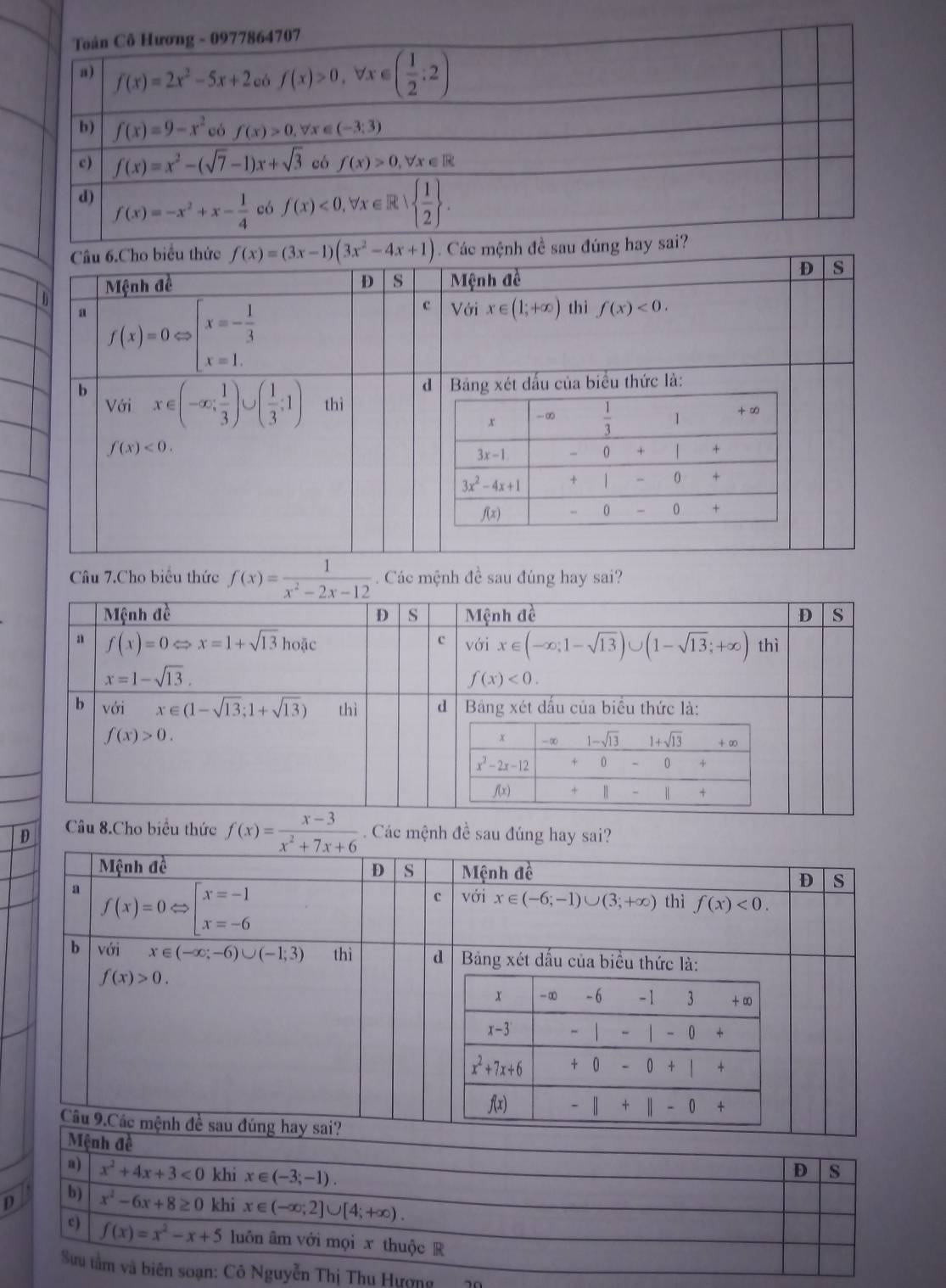 Câu 7.Cho biểu thức f(x)= 1/x^2-2x-12 . Các mệnh đề sau đùng hay sai?
D Câu 8.Cho biểu thức f(x)= (x-3)/x^2+7x+6 . Các mệnh đề sau đúng hay sai?
Mệnh đề D s Mệnh đề
a f(x)=0Leftrightarrow beginarrayl x=-1 x=-6endarray.
D s
c với x∈ (-6;-1)∪ (3;+∈fty ) thì f(x)<0.
b voi x∈ (-∈fty ;-6)∪ (-1;3) thì d Bảng xét dấu của biểu thức là:
f(x)>0.
+ -∞ - 6 -1 3 +∞
x-3 -| - 0 +
x^2+7x+6 +0 - 0 +
f(x) -beginvmatrix endvmatrix +beginvmatrix endvmatrix
Câu 9.Các mệnh đề sau đúng hay sai?
Mệnh đề
a) x^2+4x+3<0</tex> khi x∈ (-3;-1).
D s
p b) x^2-6x+8≥ 0 khi x∈ (-∈fty ,2]∪ [4;+∈fty ).
c) f(x)=x^2-x+5 luôn âm với mọi x thuộc R
Sưu tầm và biên soạn: Cô Nguyễn Thị Thu Hượng