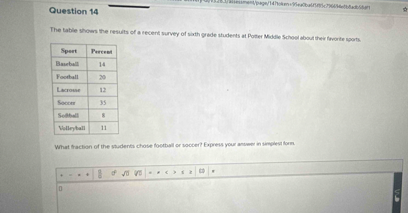 ui/v3.28.3/ässessment/page/14?toker =5 95ea0ba6f5f85c796694e8b8adb58df1 * 
Question 14 
The table shows the results of a recent survey of sixth grade students at Potter Middle School about their favorite sports. 
What fraction of the students chose football or soccer? Express your answer in simplest form. 
 □ /□   a^0 sqrt(□ ) yī S (□)