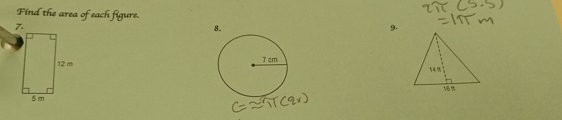 Find the area of each figure. 
7. 
8. 
9.
12 m
5 m