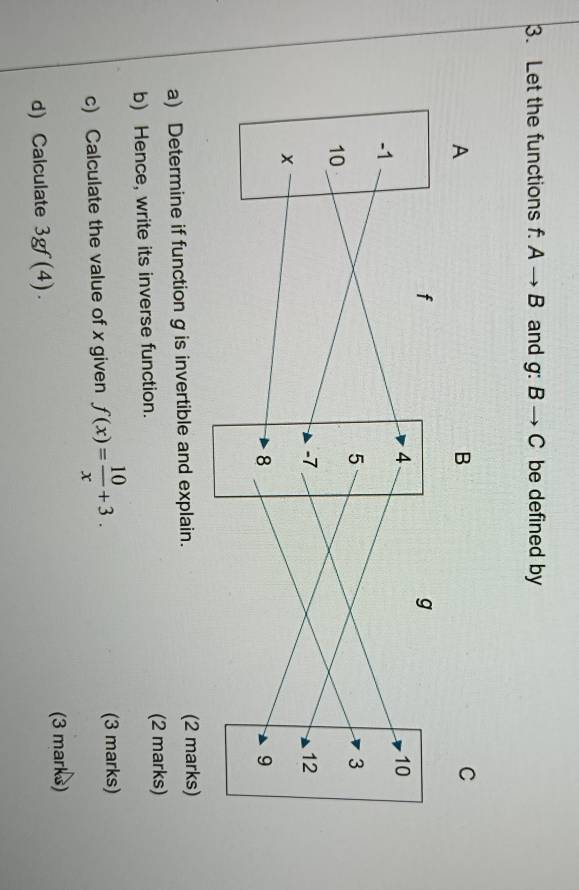 Let the functions f.Ato B and g:Bto C be defined by 
a) Determine if function g is invertible and explain. (2 marks) 
b) Hence, write its inverse function. (2 marks) 
c) Calculate the value of x given f(x)= 10/x +3. (3 marks) 
(3 marks) 
d) Calculate 3gf(4).