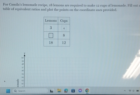 For Camila's lemonade recipe, 18 lemons are required to make 12 cups of lemonade. Fill out a 
table of equivalent ratios and plot the points on the coordinate axes provided. 
U
20
19
18
17
16
15
14
13
12
Seairch