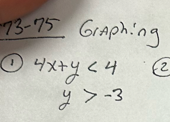 73-75 GrAphing
4x+y<4</tex> 
2
y>-3