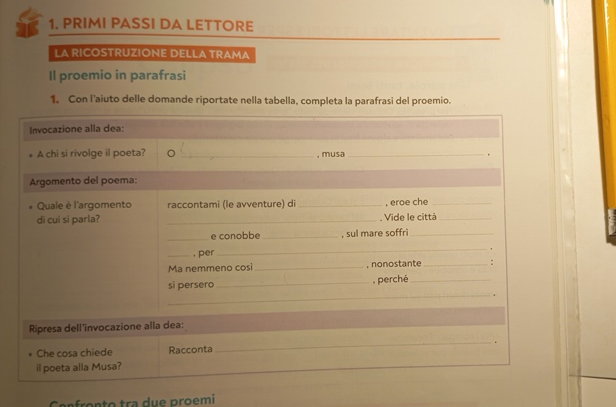 PRIMI PASSI DA LETTORE 
LA RICOSTRUZIONE DELLA TRAMA 
Il proemio in parafrasi 
1. Con l'aiuto delle domande riportate nella tabella, completa la parafrasi del proemio. 
anfronto tra due proemi