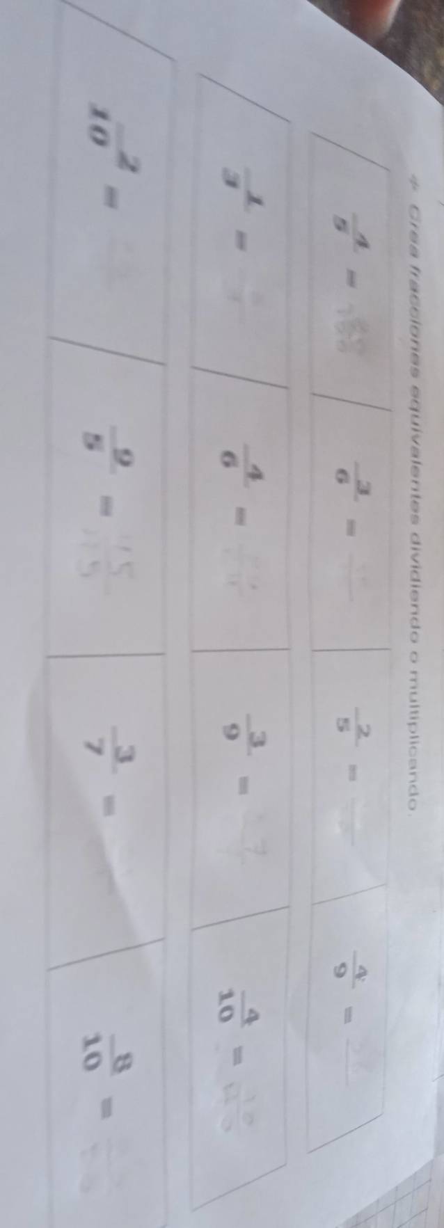 Grea fracciones equivalentes dividiendo o multiplicando.
 4/5 = 7frac circ 
 3/6 = frac 3°
 2/5 =frac 
 4/9 =frac 
 1/3 =
 4/6 =
 3/9 = ^circ 
 4/10 =  10/10 
10^(-2)=
 9/5 =
 3/7 =
 8/10 =