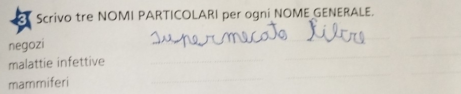 Scrivo tre NOMI PARTICOLARI per ogni NOME GENERALE. 
negozi 
malattie infettive 
mammiferi