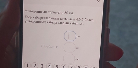 Υшбχрыτьн πериметрі 30 см. 
reр кабыргаларьньη κатынасы 4:5:6 болса, 
ушбχрыτыη κабыргаарын абыны.
cM
Кауабыны: CM
CM
1 2 3 4 5 6 7 。
