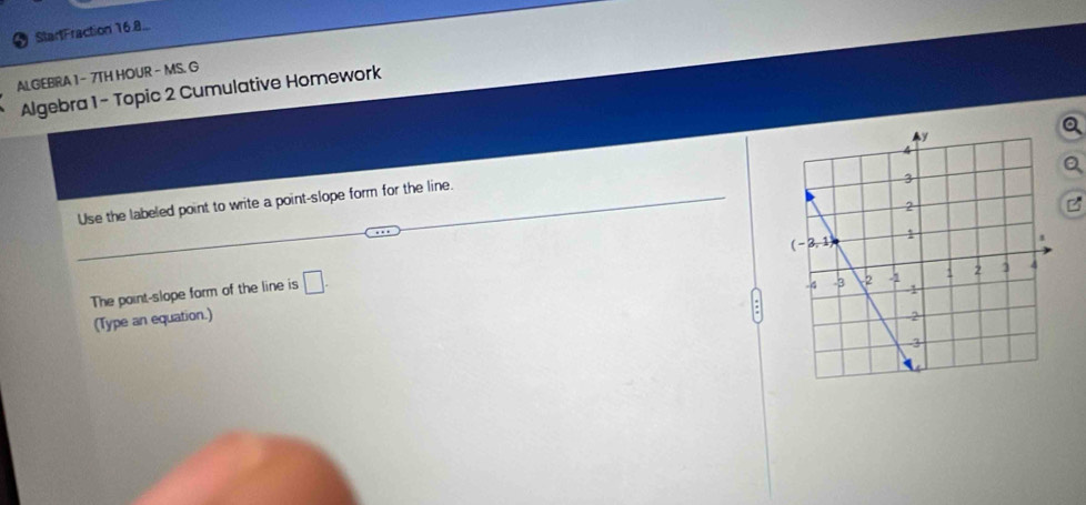 StartFraction 16.8...
ALGEBRA 1 - 7TH HOUR - MS. G
Algebra 1 - Topic 2 Cumulative Homework
Use the labeled point to write a point-slope form for the line.
The point-slope form of the line is □ .
(Type an equation.)